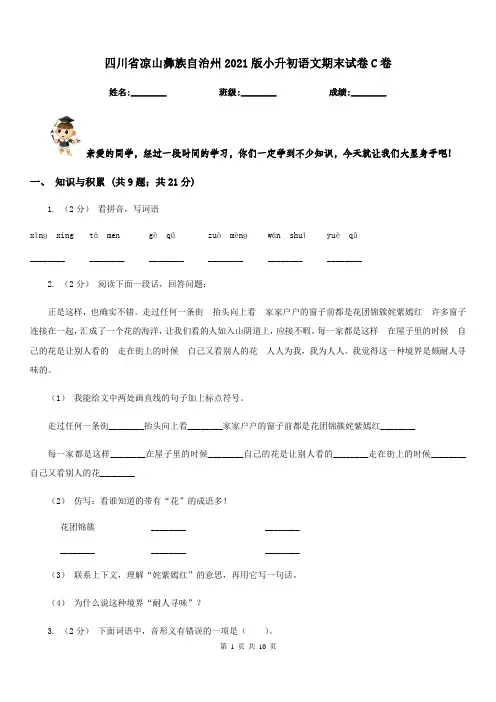 四川省凉山彝族自治州2021版小升初语文期末试卷C卷