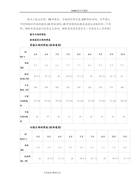 国际鞋尺码对照表
