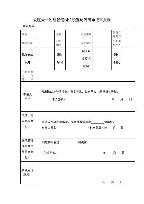 安医大一附院管理岗位设置与聘用申报审批表