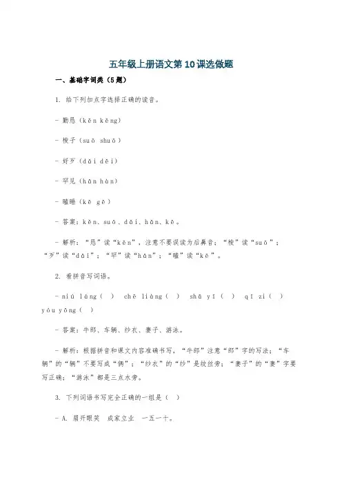 五年级上册语文第10课选做题