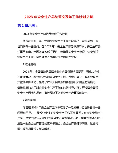 2023年安全生产总结范文及年工作计划7篇