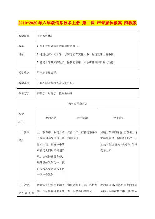 2019-2020年六年级信息技术上册 第二课 声音媒体教案 闽教版
