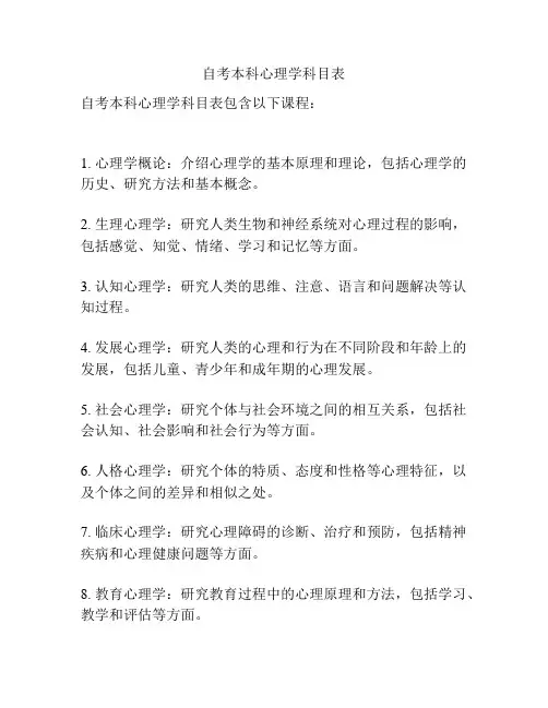 自考本科心理学科目表