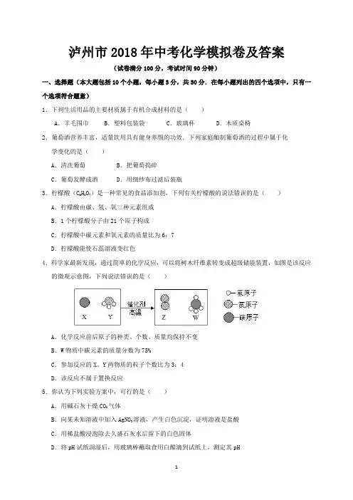 泸州市2018年中考化学模拟卷及答案