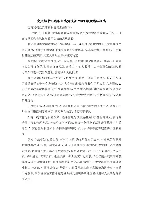 党支部书记述职报告 党支部2019年度述职报告 精品