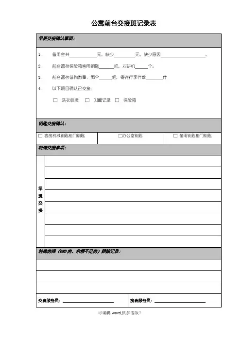 酒店前台交接班记录表