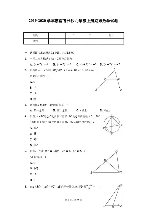2019-2020学年湖南省长沙九年级上册期末数学试卷