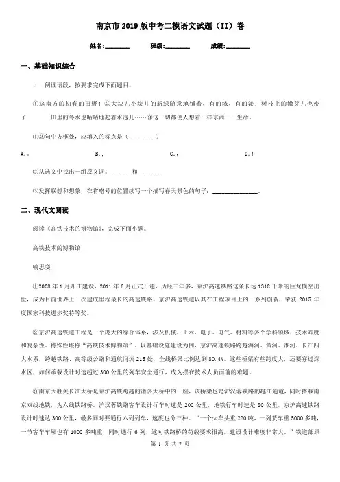 南京市2019版中考二模语文试题(II)卷