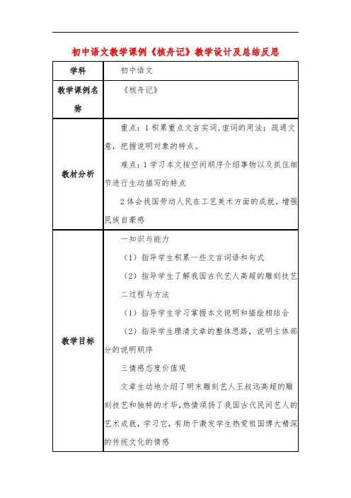 初中语文教学课例《核舟记》课程思政核心素养教学设计及总结反思
