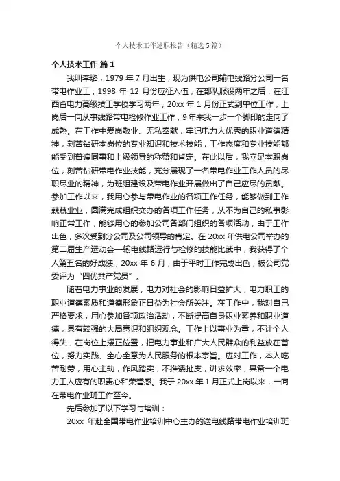 个人技术工作述职报告（精选5篇）