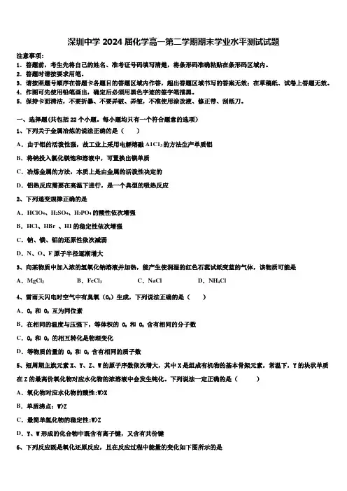 深圳中学2024届化学高一第二学期期末学业水平测试试题含解析