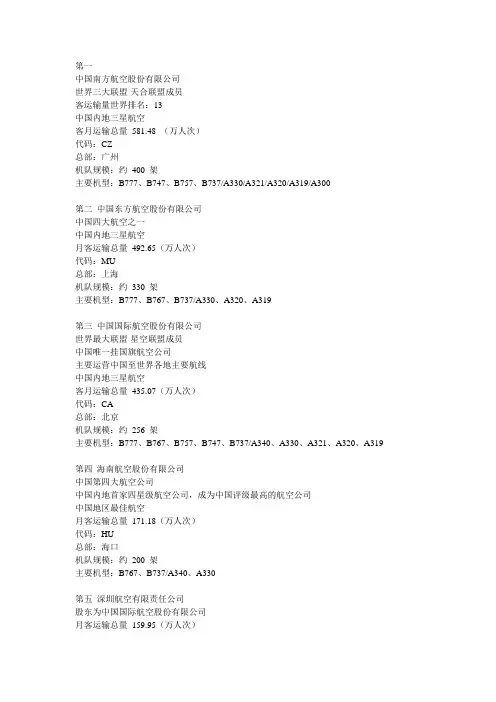 中国航空公司排名