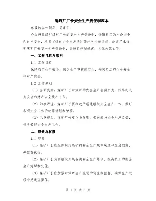 选煤厂厂长安全生产责任制范本（2篇）