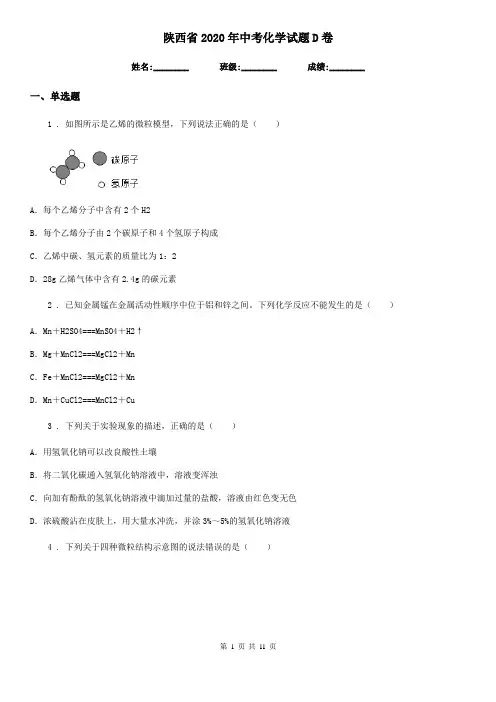 陕西省2020年中考化学试题D卷