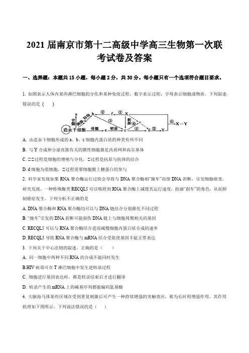2021届南京市第十二高级中学高三生物第一次联考试卷及答案