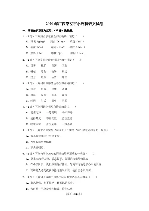 2020年广西崇左市小升初语文试卷(原卷 解析版)部编版