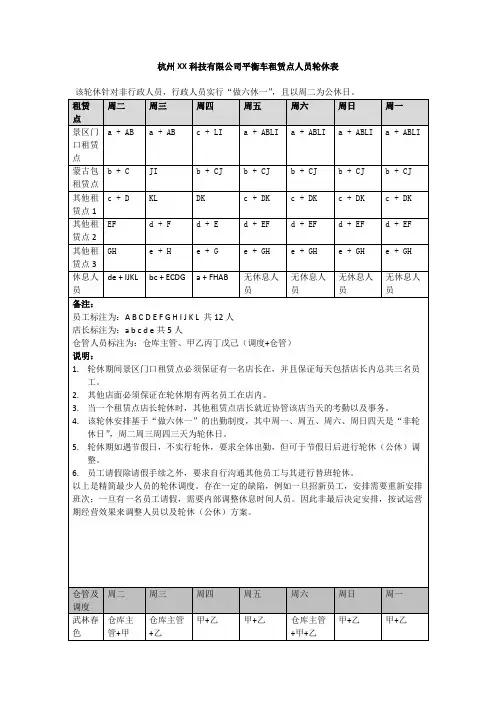 员工轮休计划表