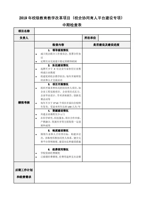 2019年校级教育教学改革项目(校企协同育人平台建设专项)中期检查表【模板】
