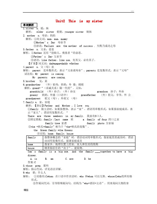 2020七年级英语上册 Unit 2 This is my sister(单词+重点句型)语法解析