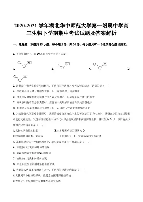 2020-2021学年湖北华中师范大学第一附属中学高三生物下学期期中考试试题及答案解析