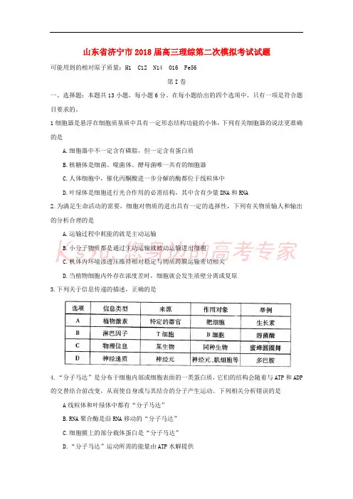 山东省济宁市2018届高三理综第二次模拟考试试题