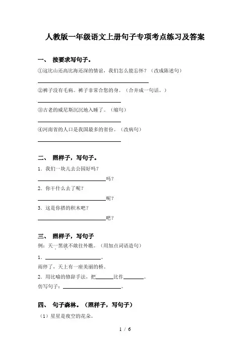 人教版一年级语文上册句子专项考点练习及答案