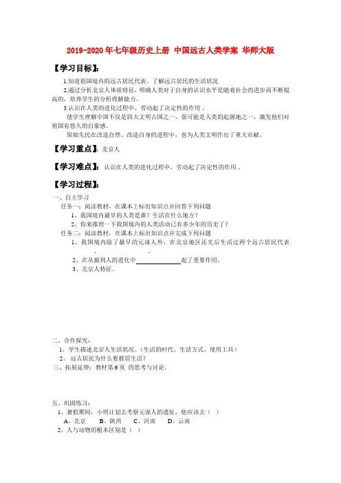 2019-2020年七年级历史上册 中国远古人类学案 华师大版