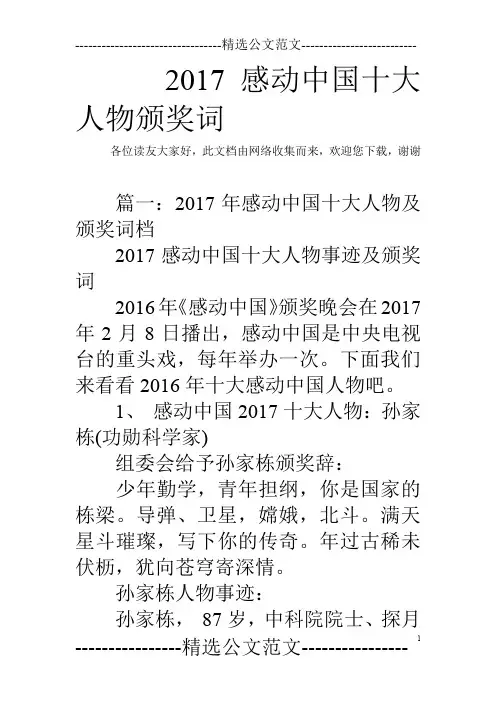 2017感动中国十大人物颁奖词
