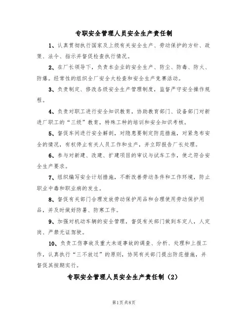 专职安全管理人员安全生产责任制(5篇)