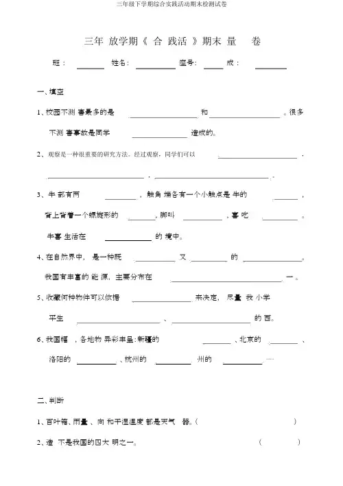 三年级下学期综合实践活动期末检测试卷