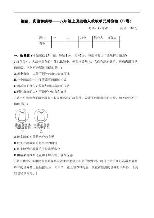 第四、五章 细菌、真菌和病毒——八年级上册生物人教版单元质检卷(B卷)(含解析)