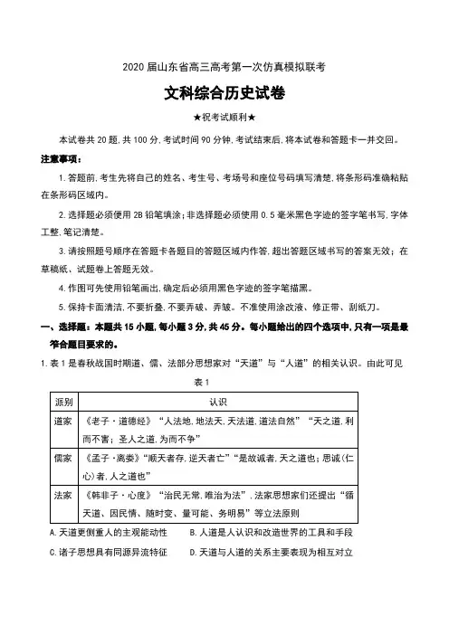 2020届山东省高三高考第一次仿真模拟联考文科综合历史试卷及答案