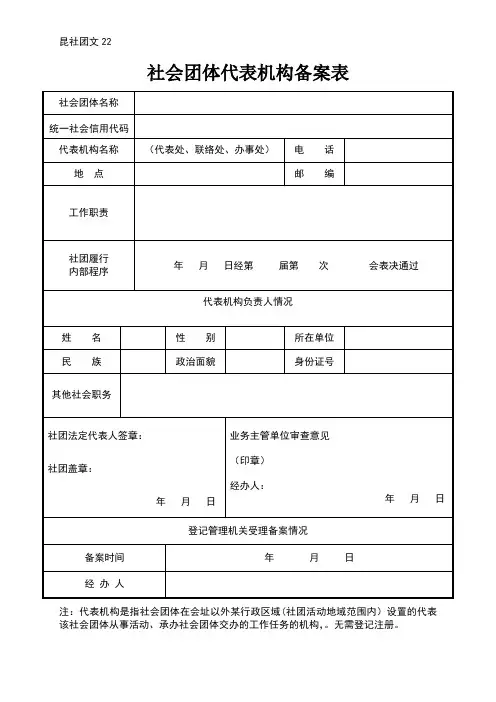 昆社团文22：社团代表机构备案表