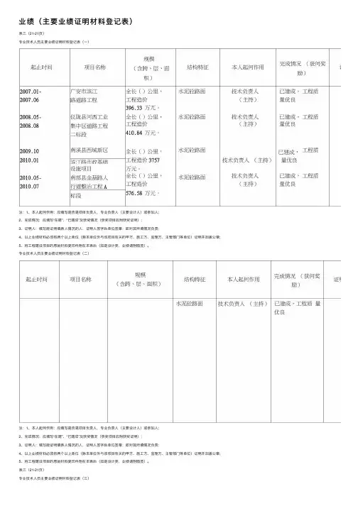 业绩（主要业绩证明材料登记表）