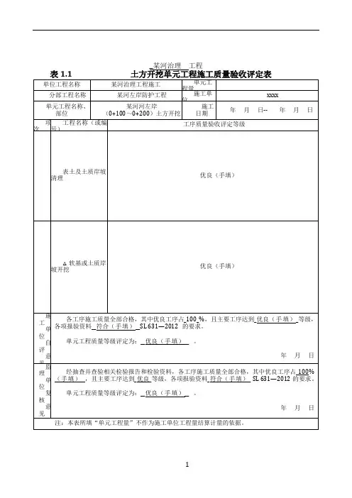 土方开挖单元工程施工质量验收评定表