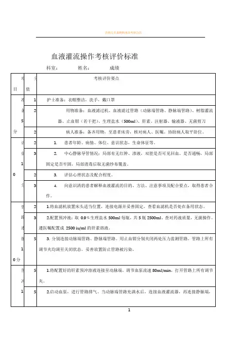 血液灌流操作考核评价标准
