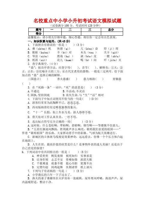 成都实验外国语小学小升初语文模拟试题(共5套)详细答案