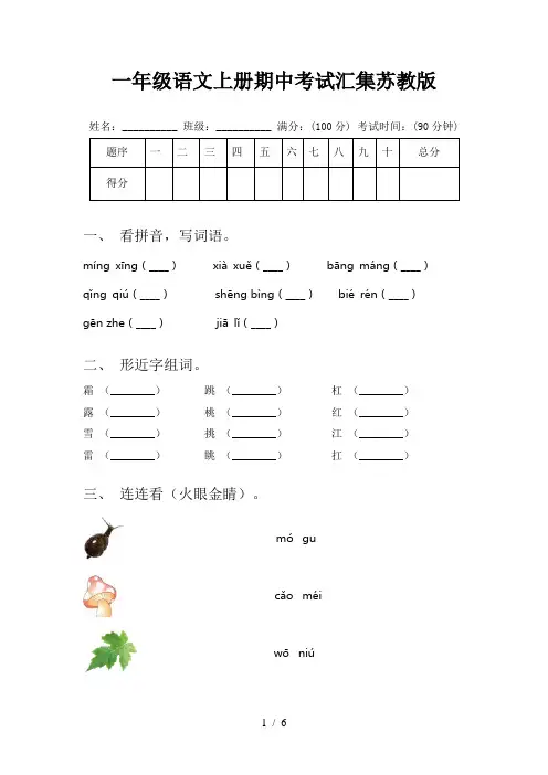 一年级语文上册期中考试汇集苏教版