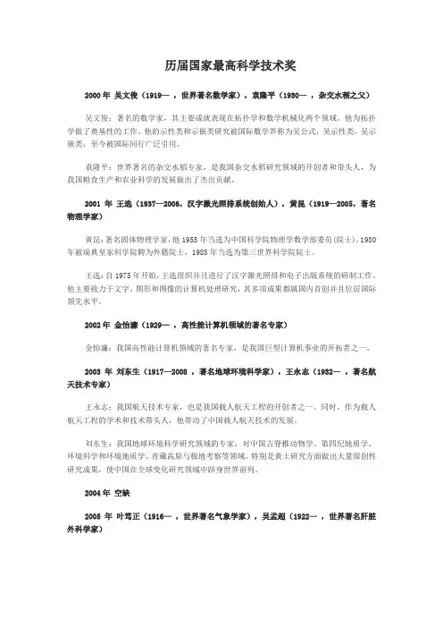 历届国家最高科学技术奖