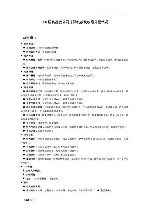 药品批发公司计算机权限分配情况
