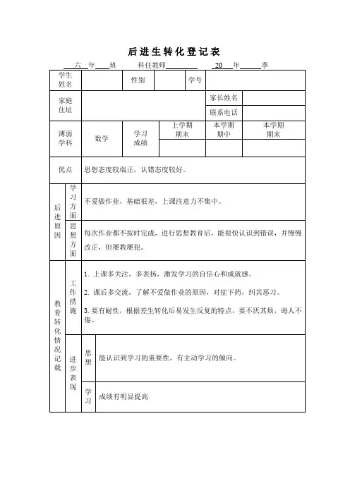 后进生转化登记表