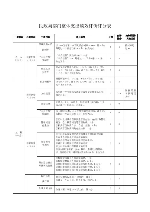 民政局部门整体支出绩效评价评分表