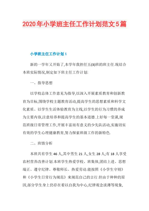 2020年小学班主任工作计划范文5篇 