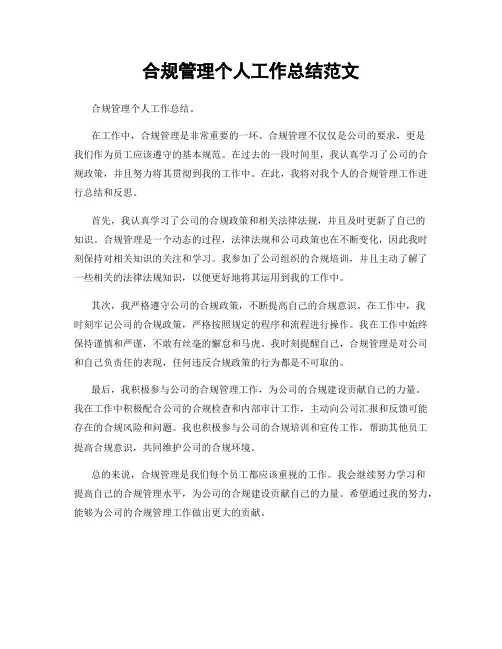 合规管理个人工作总结范文