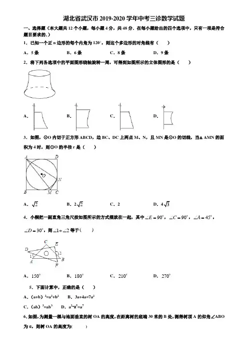 湖北省武汉市2019-2020学年中考三诊数学试题含解析