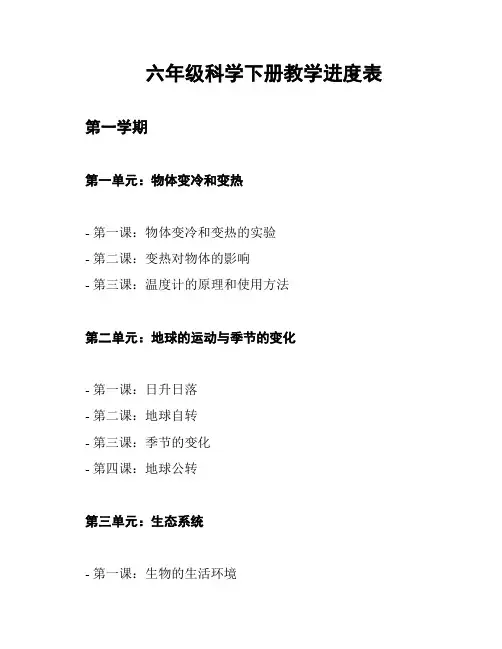 六年级科学下册教学进度表