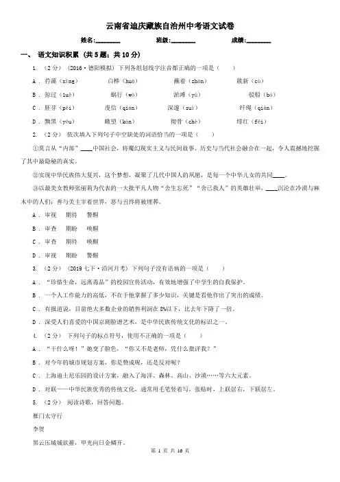 云南省迪庆藏族自治州中考语文试卷