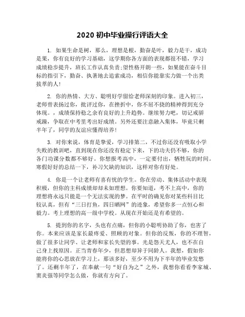 2020初中毕业操行评语大全