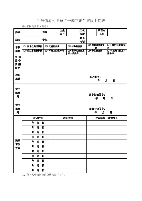 党员一编三定定岗表 责任书 加分申报表 积分评审表等