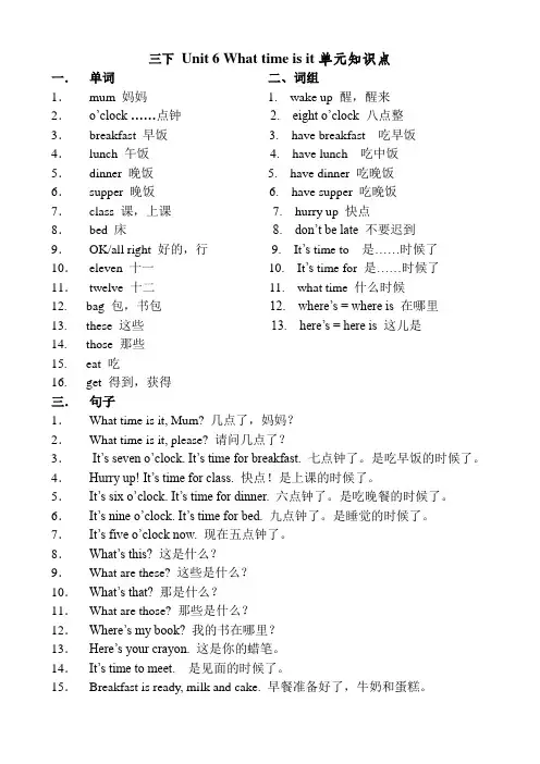[译林版]三下 Unit6 What time is it 单元知识点
